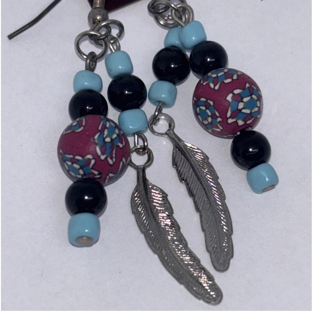 Native American Jewelry Silver Tone Feather Earrings Blue Beads Vintage
